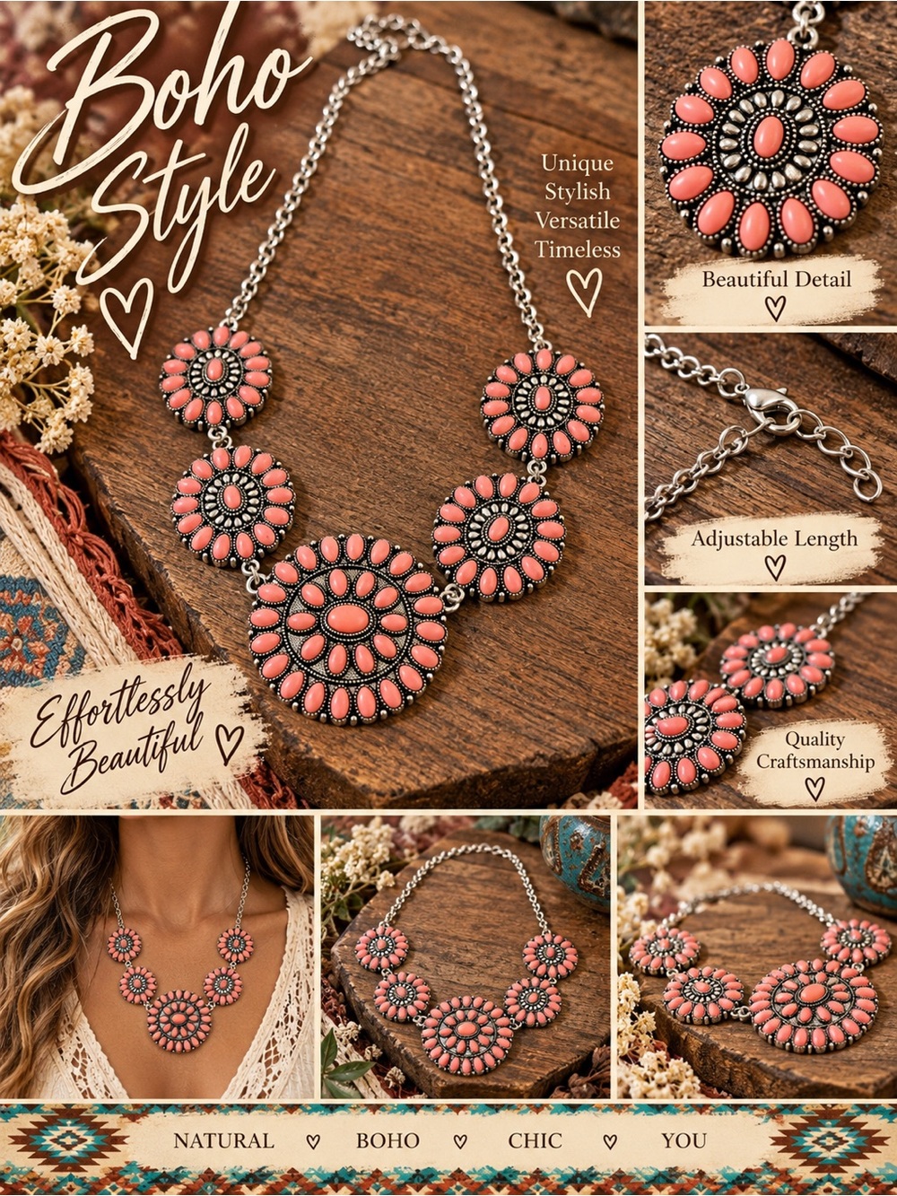 Boho Coral Pink Floral Medallion Necklace - Unbranded